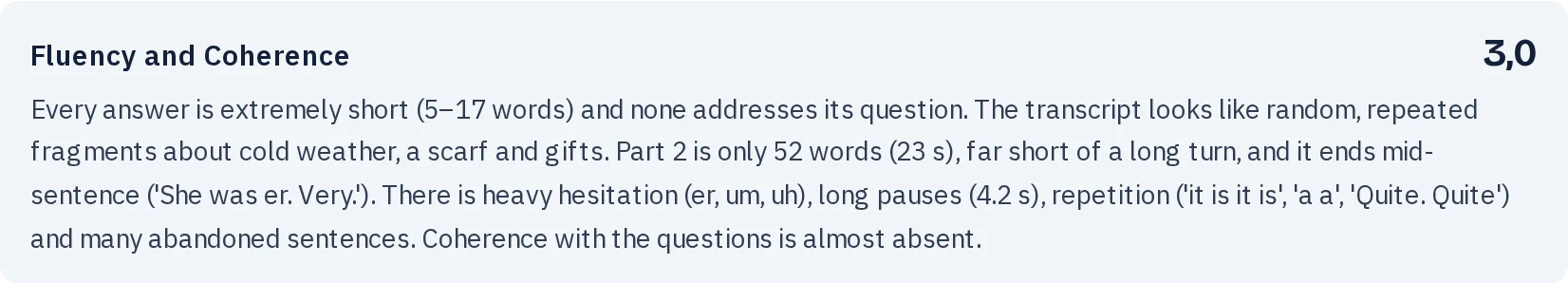 Speaking, Fluency and Coherence: разбор длины ответов, запинок, пауз и повторов