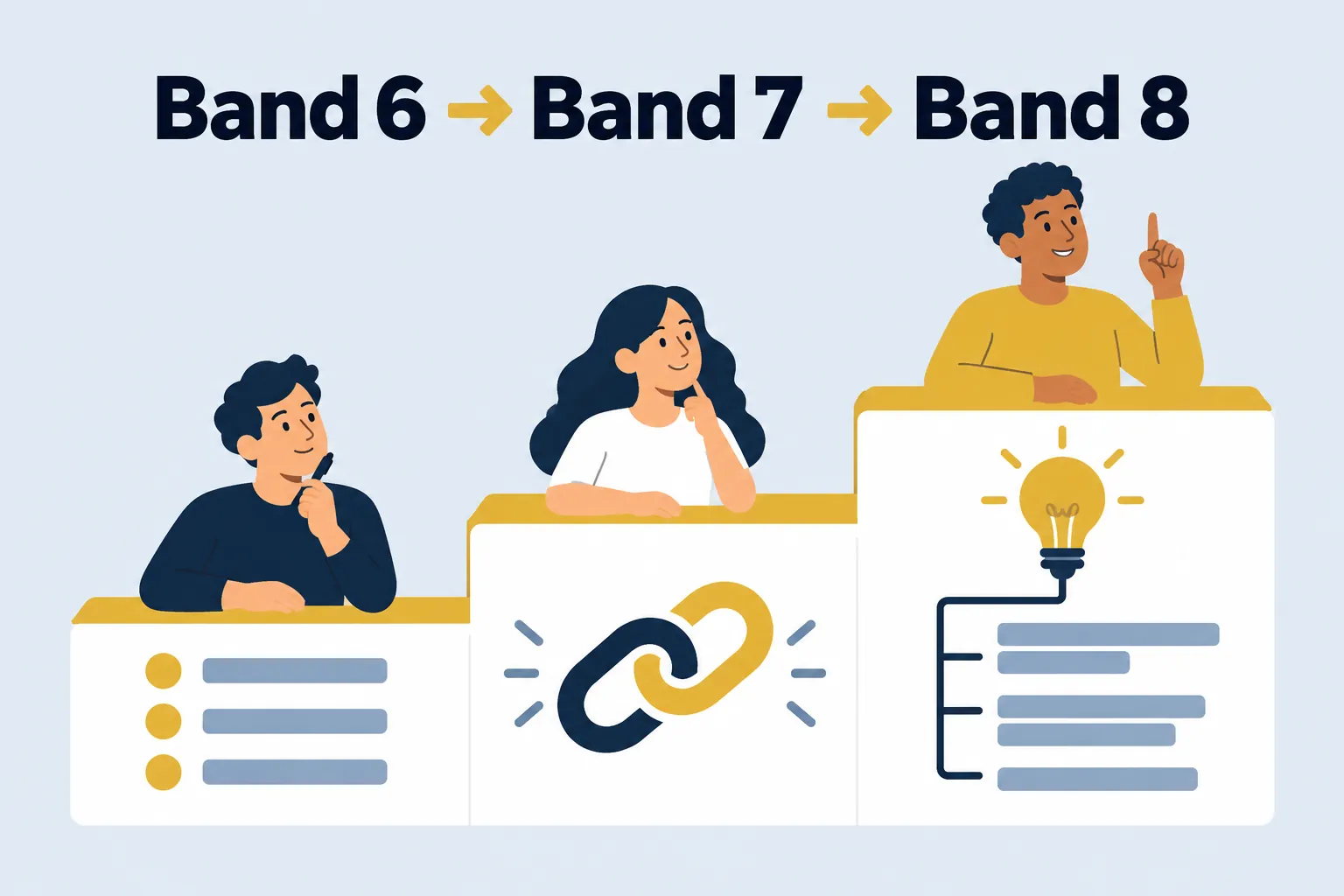 Band 6 → Band 7 → Band 8 — трёхступенчатая лестница с иконками