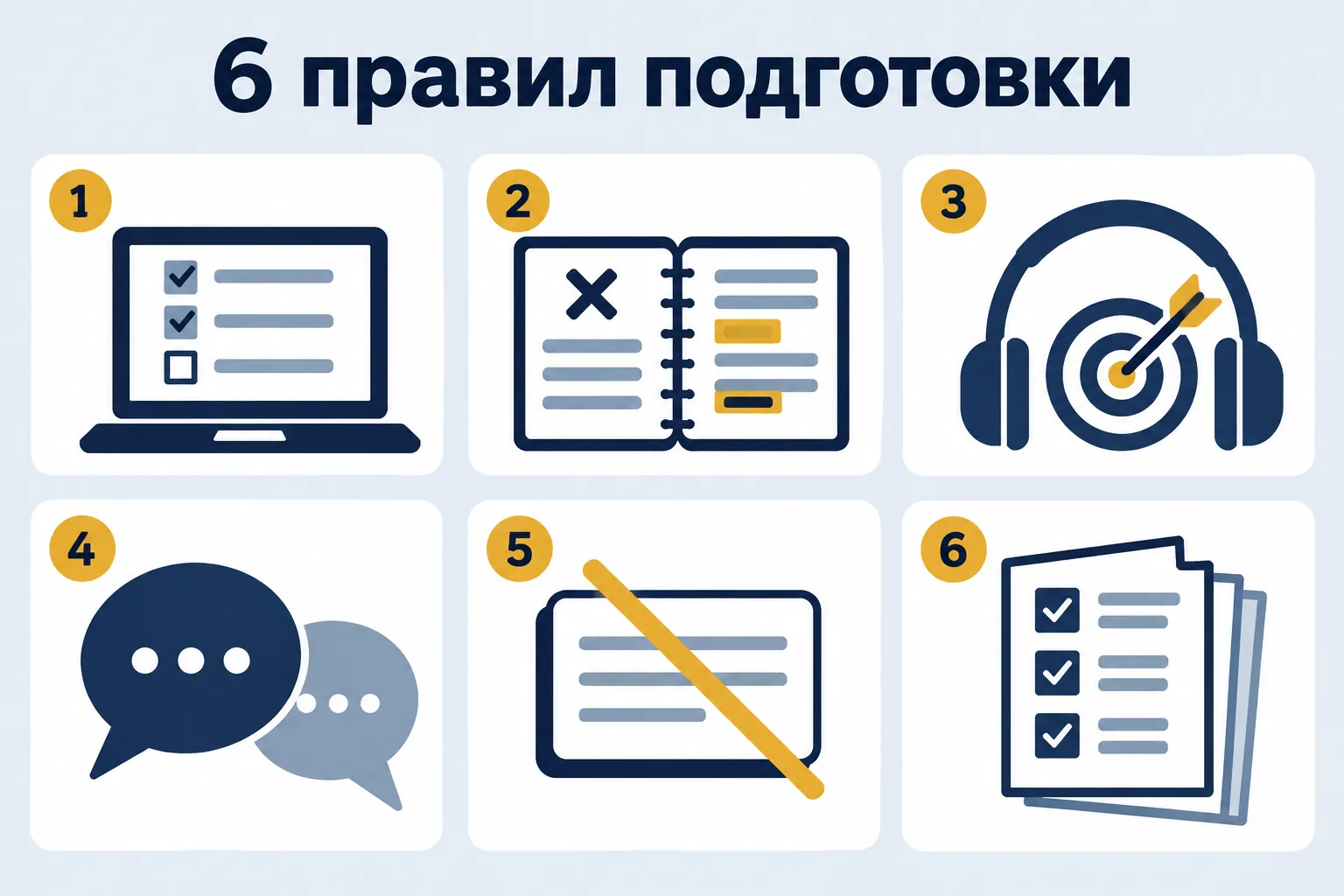 6 правил подготовки — шесть пронумерованных карточек с иконками