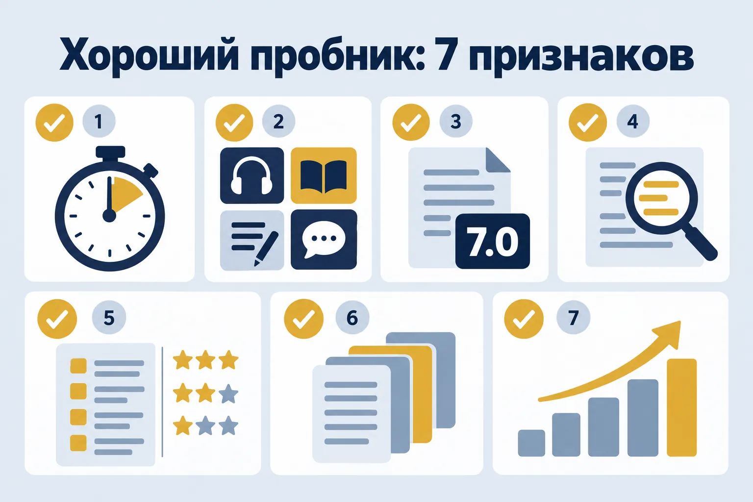 Хороший пробник: 7 признаков — семь галочек с тематическими иконками