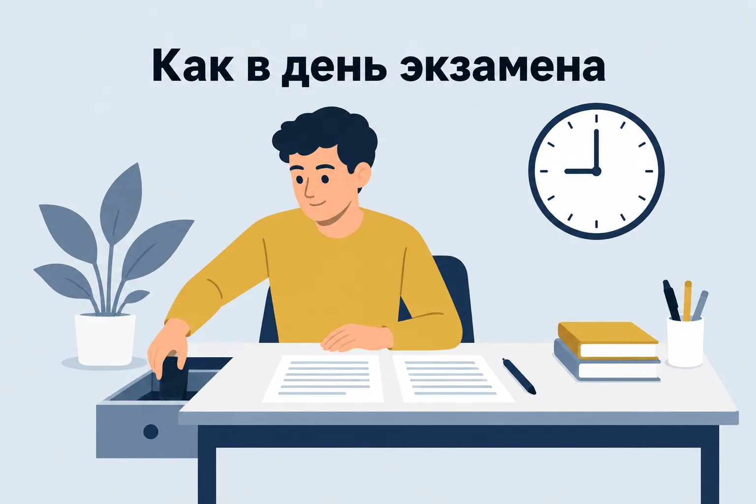 Как в день экзамена — человек за столом перед часами