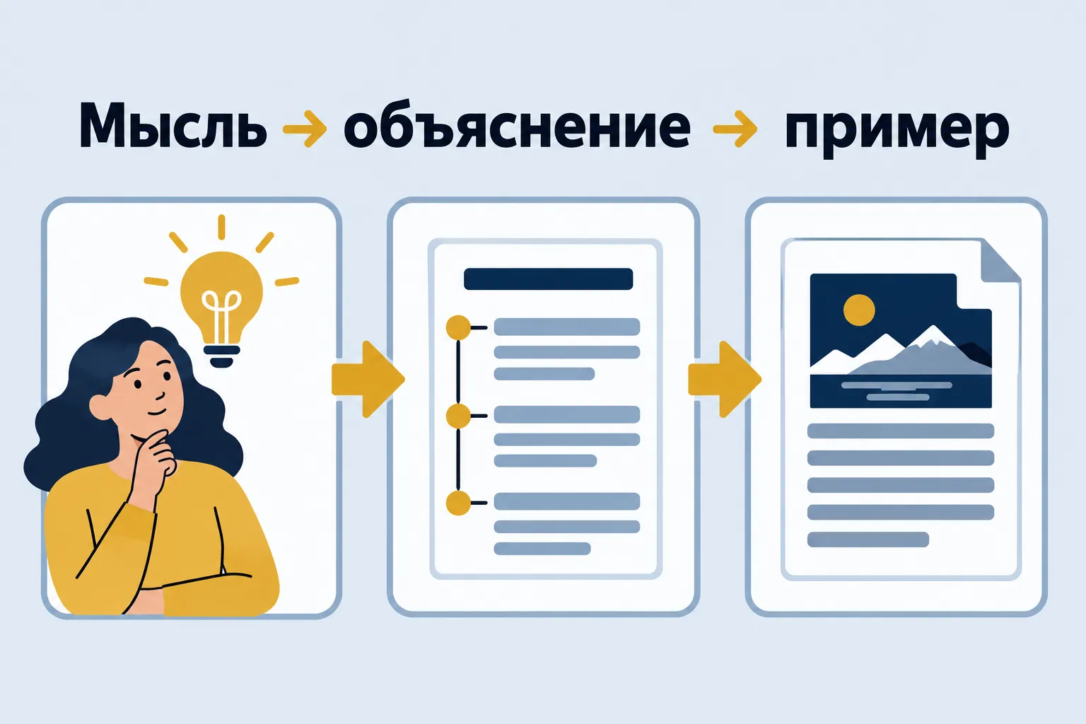 Мысль → объяснение → пример — три связанных стрелками блока