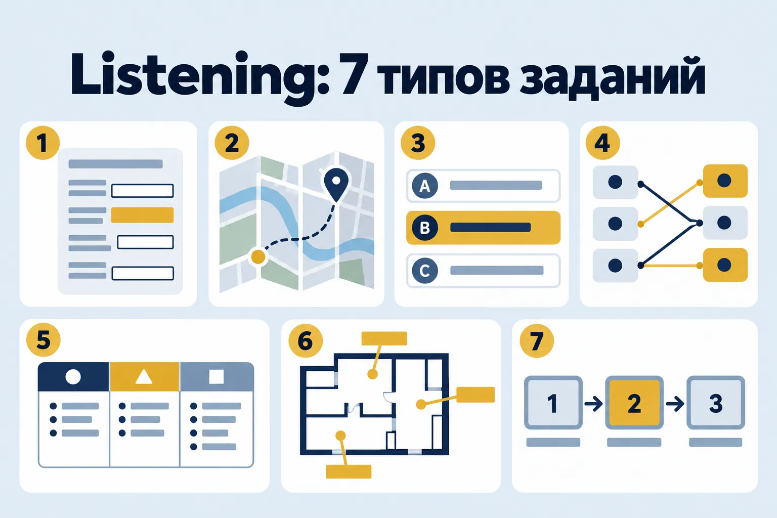 Listening: 7 типов заданий — семь плиток с иконками заданий